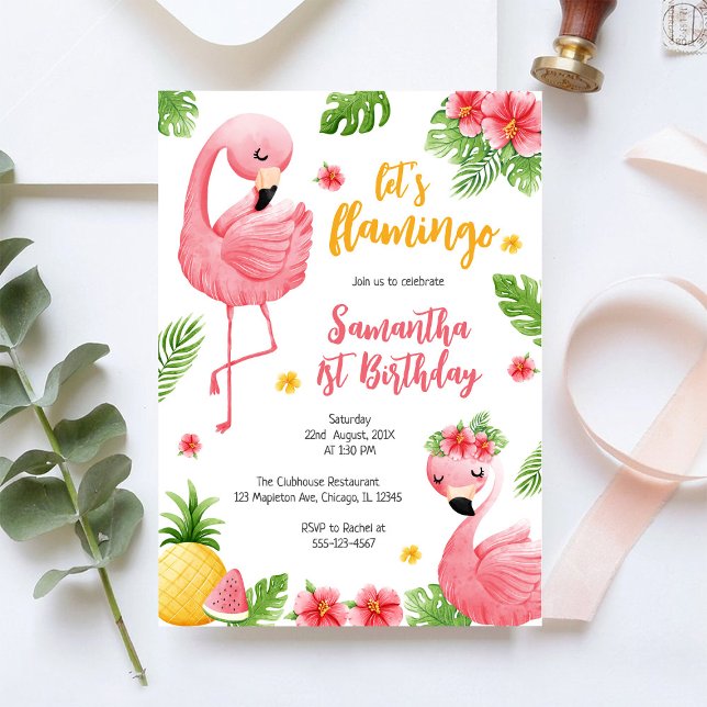 Låt oss Flamingle Rosa Flicka Tropisk Födelsedag Inbjudningar (Skapare uppladdad)