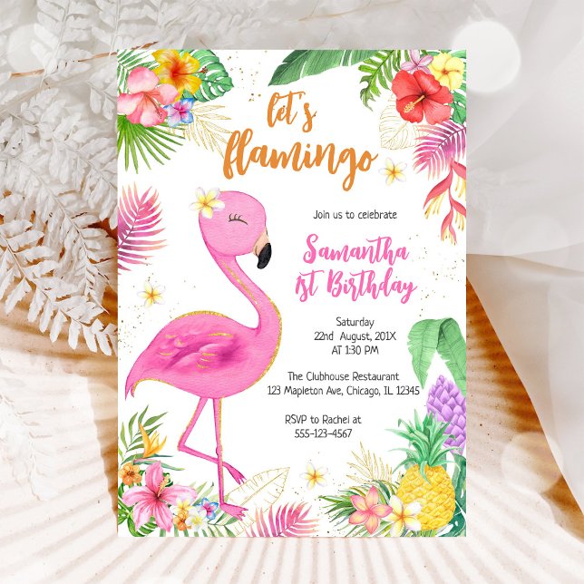 Låt oss Flamingle Rosa Flicka Tropisk Födelsedag Inbjudningar (Skapare uppladdad)