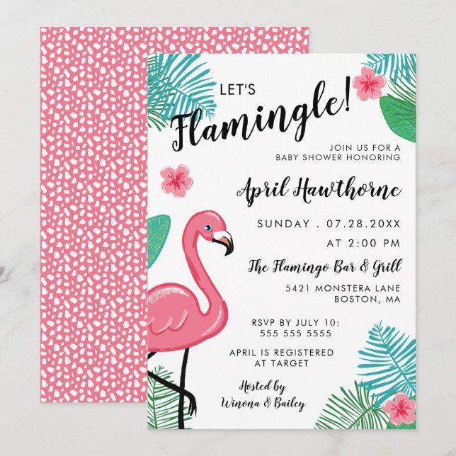 Låt oss Flamingle! Rosa White Tropical Baby Shower Inbjudningar (Fram/baksida)