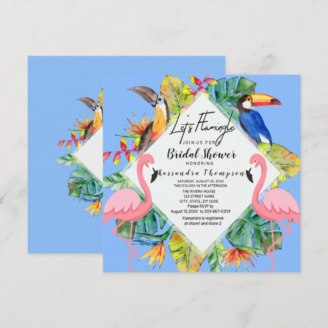 Låt oss Flamingle Tropical Inbjudningskort för möh (Fram/baksida)
