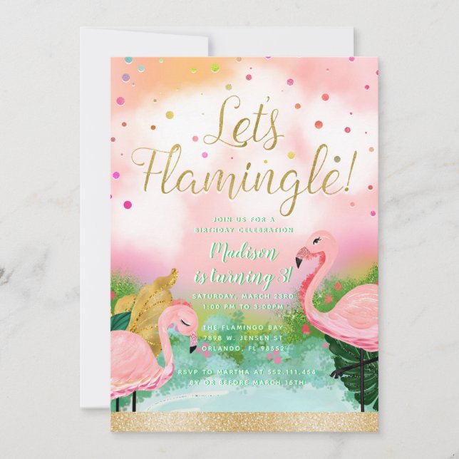 Låt oss Flamingle Tropical Rosa Flamingos-inbjudan Inbjudningar (Framsida)