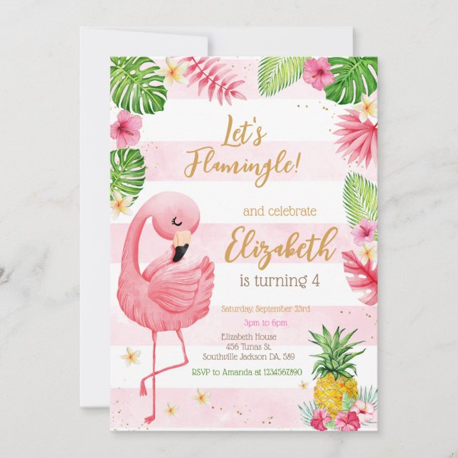 Låt oss Flamingo Flamingle Tropisk Födelsedag Inbjudningar (Framsida)