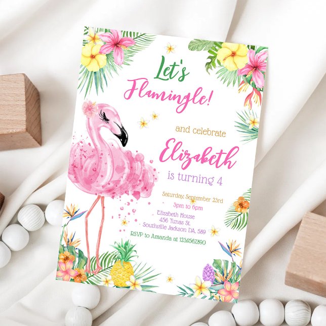 Låt oss Flamingo Flamingle Tropisk Födelsedag Inbjudningar (Skapare uppladdad)