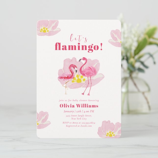 Låt oss Flamingo Söt Tropisk Blommig Bebis Bjudnin Inbjudningar (Stående Fram)