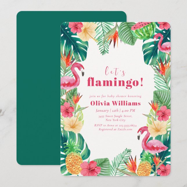 Låt oss Flamingo Tropical Botanical Baby Shower  Inbjudningar (Fram/baksida)