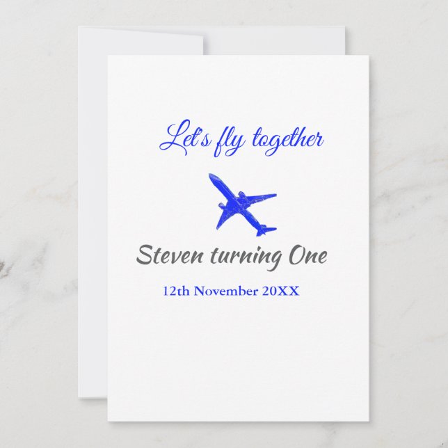 Låt oss flyga ihop första födelsedag flygplan blue inbjudningar (Framsida)
