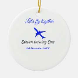 Låt oss flyga ihop första födelsedag flygplan blue julgransprydnad keramik