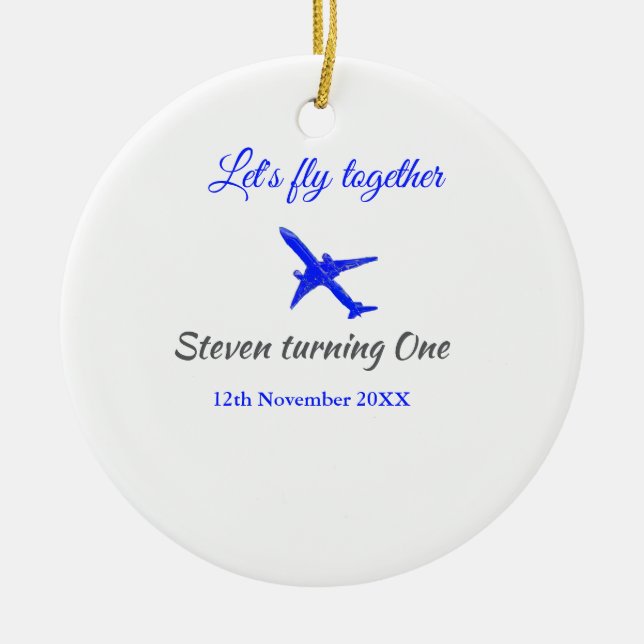Låt oss flyga ihop första födelsedag flygplan blue julgransprydnad keramik (Framsidan)