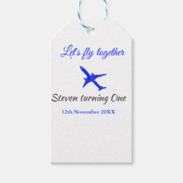 Låt oss flyga ihop första födelsedag flygplan blue presentetikett