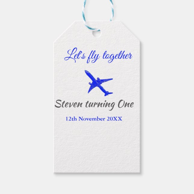 Låt oss flyga ihop första födelsedag flygplan blue presentetikett (Framsidan)