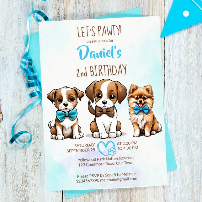 Låt oss födelsedag för pawty-brun, blå, söta valpa inbjudningar (Let's pawty brown blue cute puppies birthday party invitation editable template digital download)