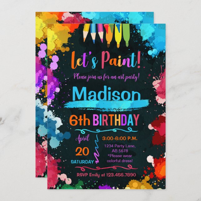 Låt oss Födelsedagsfesten Färggrafik svart Inbjudningar (Fram/baksida)