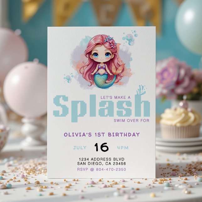 Låt oss Födelsedagsfesten Skapa en Stänk Girls-Sjö Inbjudningar (Let's Make a Splash Girls Mermaid Birthday Party Invitation
)