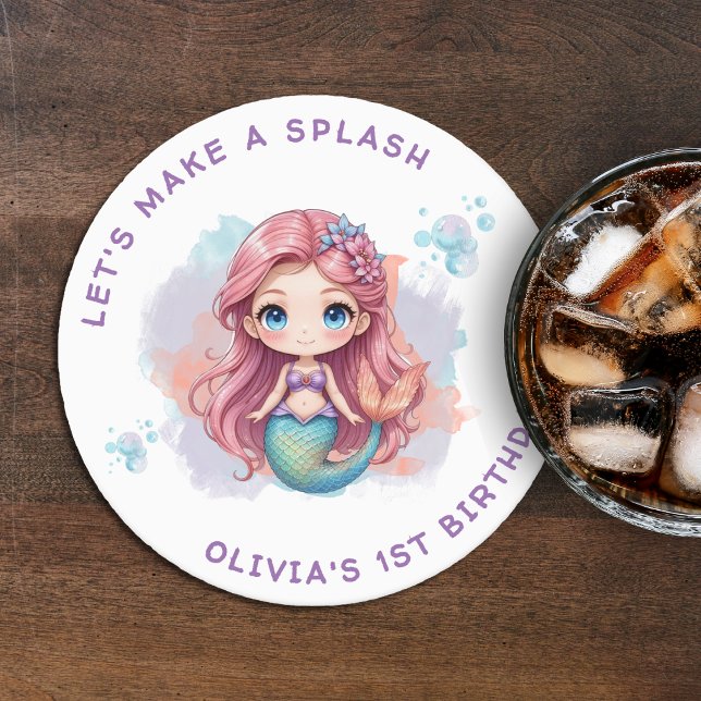 Låt oss Födelsedagsfesten Skapa en Stänk Girls-Sjö Underlägg Papper Rund (Let's Make a Splash Girls Mermaid Birthday Party Round Paper Coaster
)