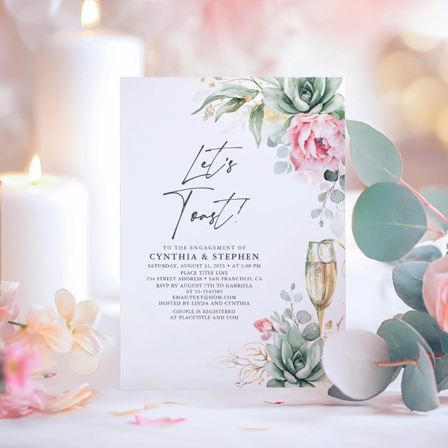 Låt oss Förlovningsfest för Blommigt av popup- för Inbjudningar (Succulents and Pink Flowers Elegant Engagement Party Invitations)