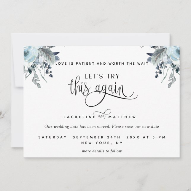 Låt oss Försök igen, Blå, Vita och Grått Blommigt Spara Datumet (Framsida)