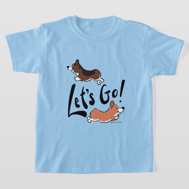 "Låt oss gå" Cute Corgi Roligt Graphic Blue Kids" T Shirt (Laydown)