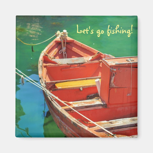 Låt oss gå på fisketur! Röd båt Grönt vatten Magne Magnet (Framsidan)