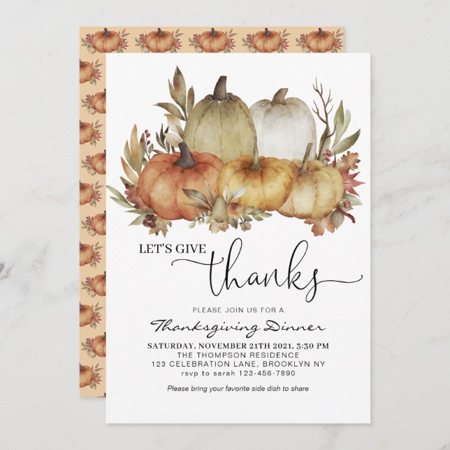 Låt oss Ge-tack-Orange Pumpkin-Thanksgiving Inbjudningar (Fram/baksida)
