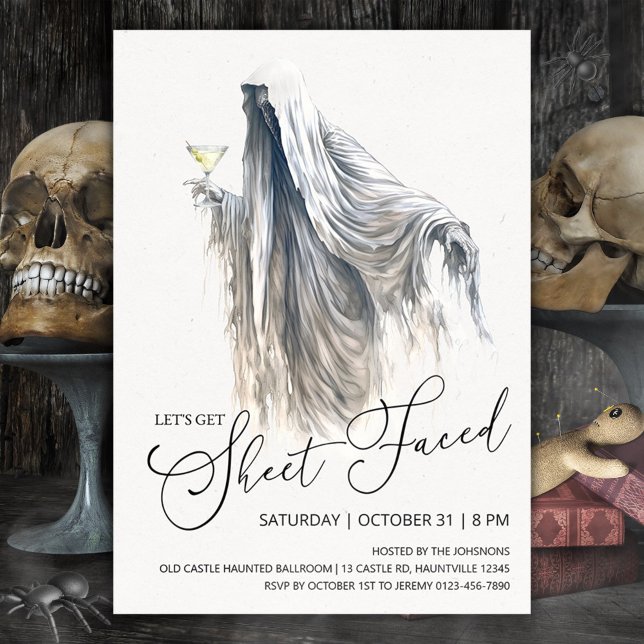 Låt oss Get Lakan Faced, Ghost Martini Halloween Inbjudningar (Let's get sheet faced Halloween invitation, ragged ghost with martini)
