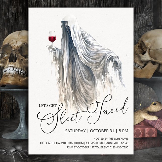 Låt oss Get Lakan Faced, Ghost Vin Halloween Inbjudningar (Let's get sheet faced Halloween invitation ghost with red wine)