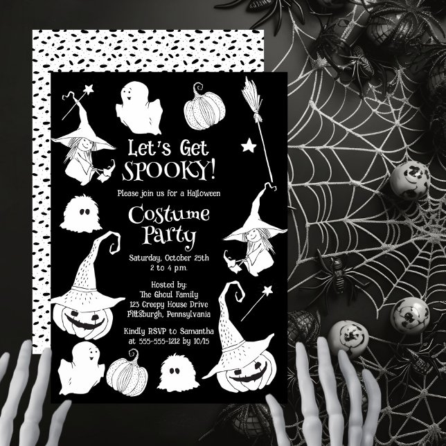 Låt oss Get Spooky Halloween Costume Party Inbjudningar (Black and white 'Let's Get Spooky!' Halloween Costume Party design.)