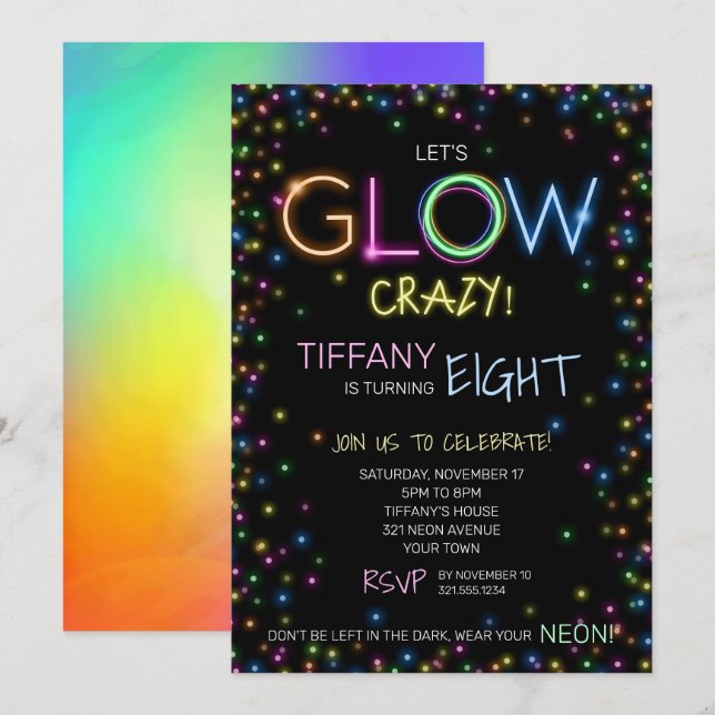 Låt oss Glow Crazy Födelsedagsfest inbjudan (Fram/baksida)