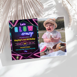 Låt oss GLOW Crazy Neon Colorful Birthday Photo Inbjudningar