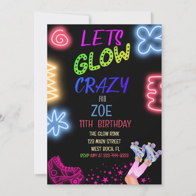 Låt oss Glow Crazy Neon Skating Birthday-inbjudan Inbjudningar (Framsida)