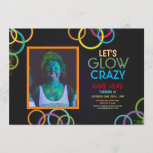 Låt oss Glow Crazy Photo Birthday Photo Neon Glowi Inbjudningar