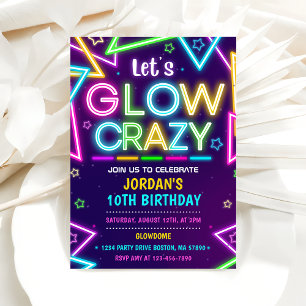 Låt oss GLOW Galen Neon Färgglad Födelsedagsfest Inbjudningar