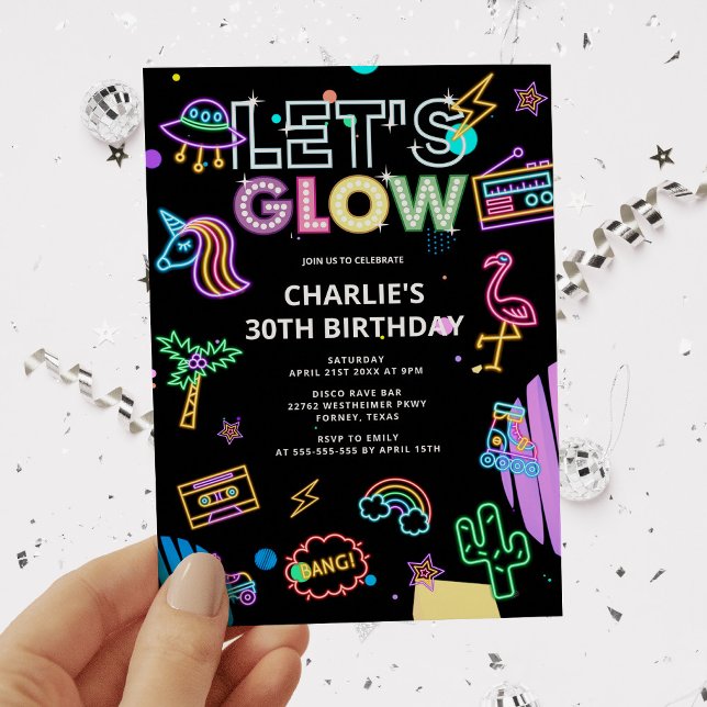 Låt oss Glow Millennial Retro Neon Rosa Birthday Inbjudningar (Skapare uppladdad)