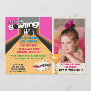 Låt oss Go Bowling Rosa Girls Birthday Photo Inbju Inbjudningar