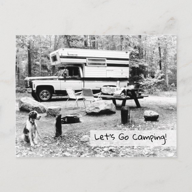 Låt oss Go Camping, Retro Travel Monochrome Inbjudan Vykort (Framsida)