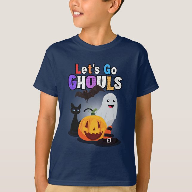 Låt oss Go GHOULS: Black and Orange Spooky Hallowe T Shirt (Framsida)
