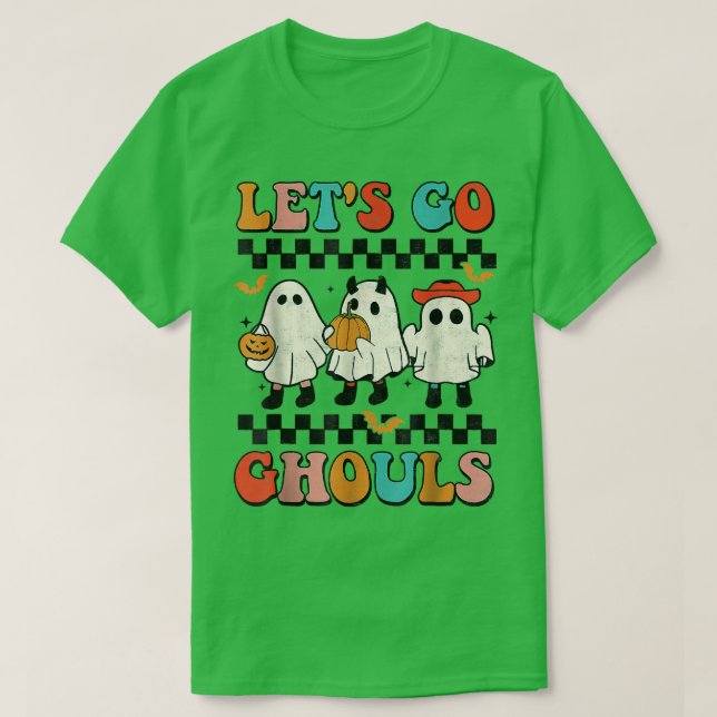 Låt oss Go Ghouls Groovy Retro Spooky Season Ghost T Shirt (Design framsida)