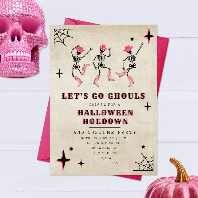 Låt oss Go Ghouls Skeleton Rosa Halloween fest Inbjudningar (Skapare uppladdad)