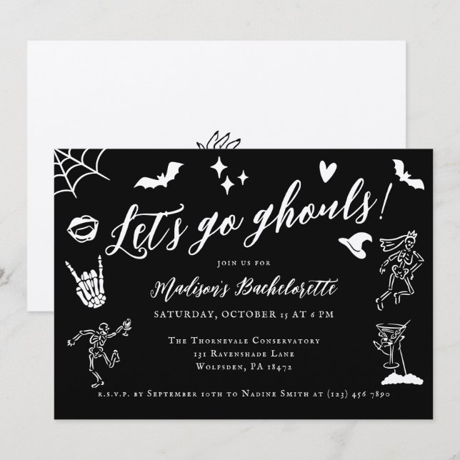 Låt oss Go Ghouls Spooky Whimsical Bachelorette Inbjudningar (Fram/baksida)