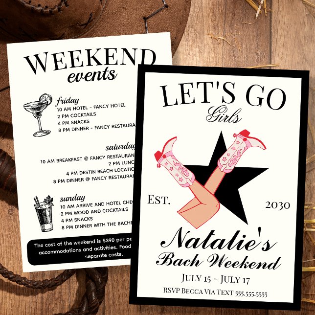 Låt oss Go Girls Cowgirl Bachelorette Itinerary oc Inbjudningar (Skapare uppladdad)
