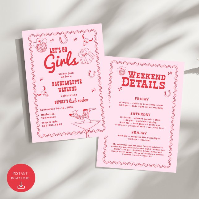 Låt oss Go Girls Cowgirl Rosa and Red Bachelorette Inbjudningar (Skapare uppladdad)