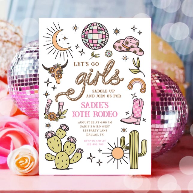 Låt oss Go Girls Rodeo Retro Disco Cowgirl Birthda Inbjudningar (Skapare uppladdad)