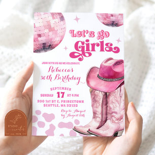 Låt oss Go Girls Rosa Space Disco Cowgirl Birthday Inbjudningar