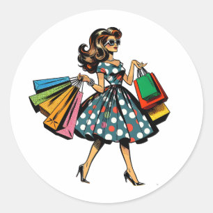 Låt oss Go Shopping! Lönsam kvinna med Bags Runt Klistermärke