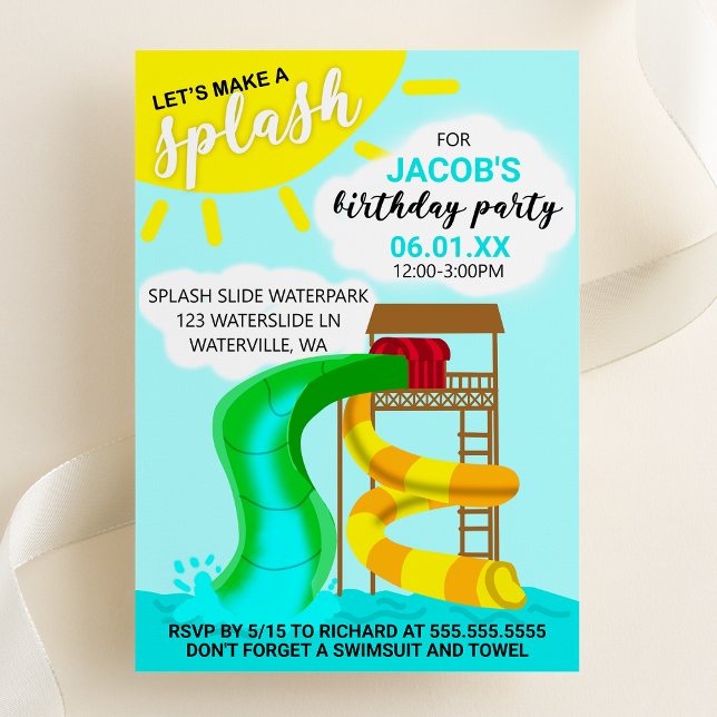 Låt Oss Göra En Oppladdning Vattenpark Födelsedag Inbjudningar (Let's Make a Splash - Kids Waterpark Birthday Party Invitation - Summer Birthday)