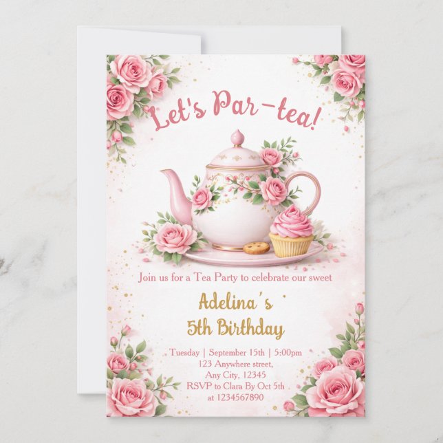 Låt oss ha en Par-tea Rosa Blommig Tekanna Flickor Inbjudningar (Framsida)