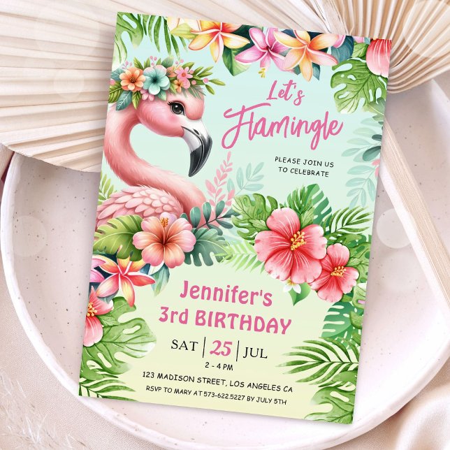 Låt oss ha Flamingle Girls Rosa Flamingo 3:e födel Inbjudningar (Skapare uppladdad)