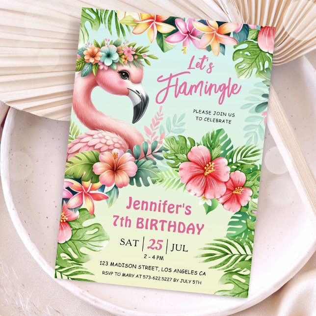 Låt oss ha Flamingle Girls Rosa Flamingo 7:e Birth Inbjudningar (Skapare uppladdad)