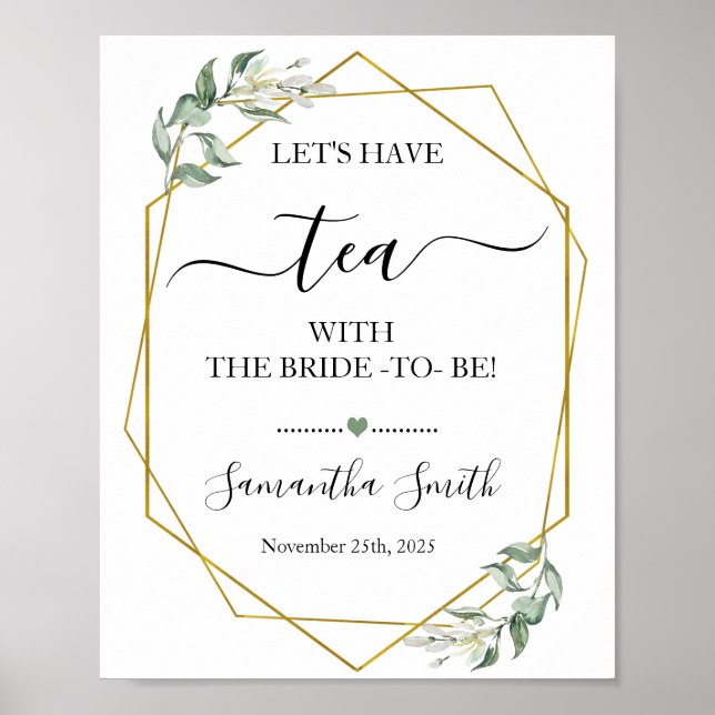 Låt oss ha te med brud grönska guld bröllop poster (Framsidan)