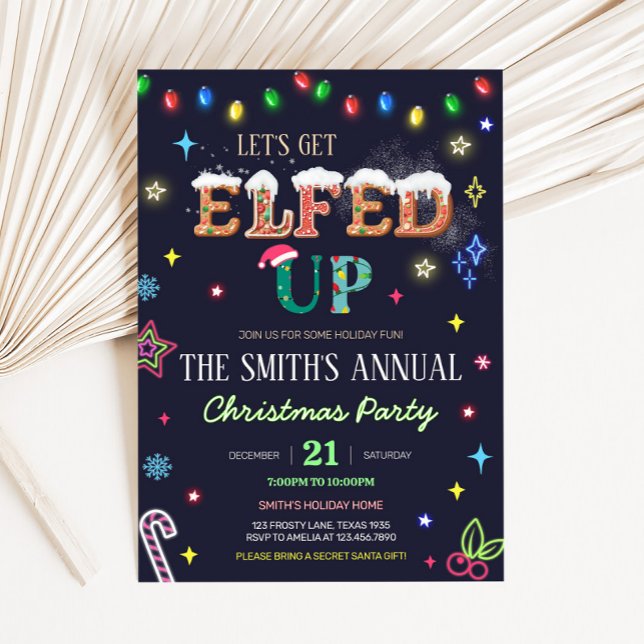 Låt oss Hämta äldre vinterjul Party Inbjudningar (Let's Get Elfed Up Winter Neon Christmas Party Invitation)