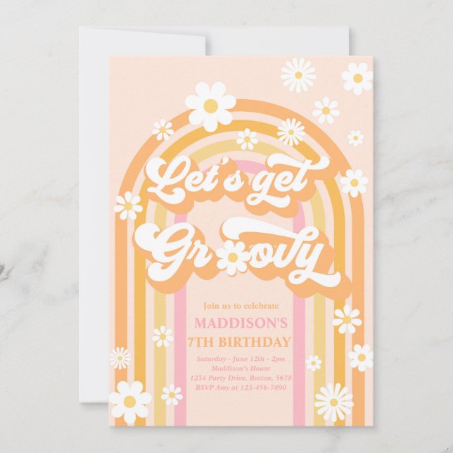 Låt oss Hämta Groovy Boho Daisy Rainbow Birthday Inbjudningar (Framsida)